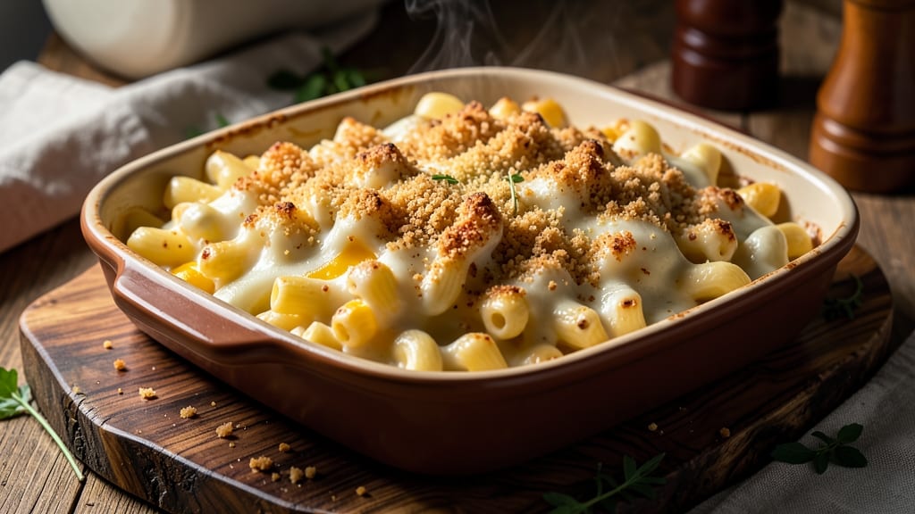 Baked Mac and Cheese Recipe for 4 People: Crispy Breadcrumbs Over Melty Cheddar Layers