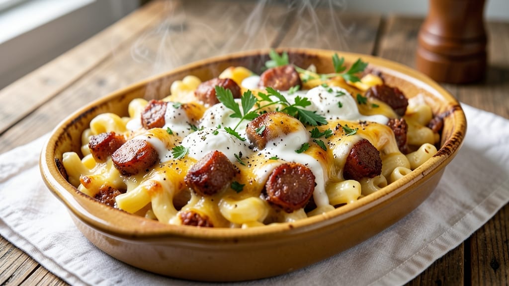 Baked Mac and Cheese With Sausage Recipe: Smoky Sausage Crunch Meets Melty Cheese Rivers