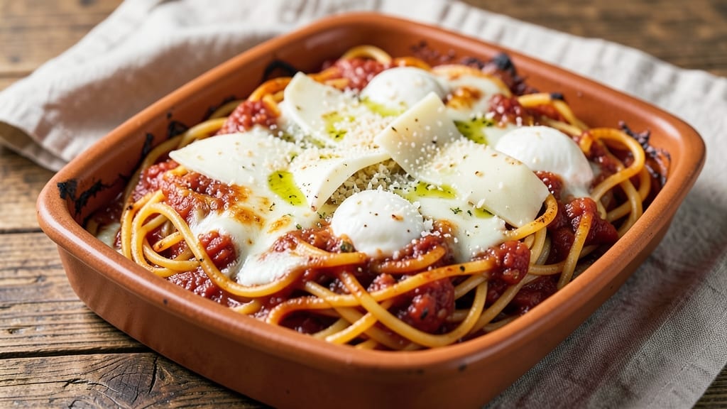 Baked Spaghetti With Mozzarella Cheese Recipe: Crispy Noodle Crown With Stretchy Cheese Pulls