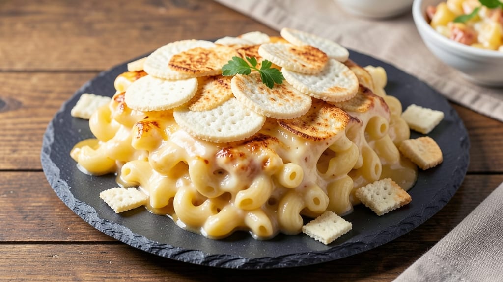 Baked Macaroni and Cheese With Ritz Cracker Topping Recipe: Crunchy Crown Over Melty Cheese Rivers