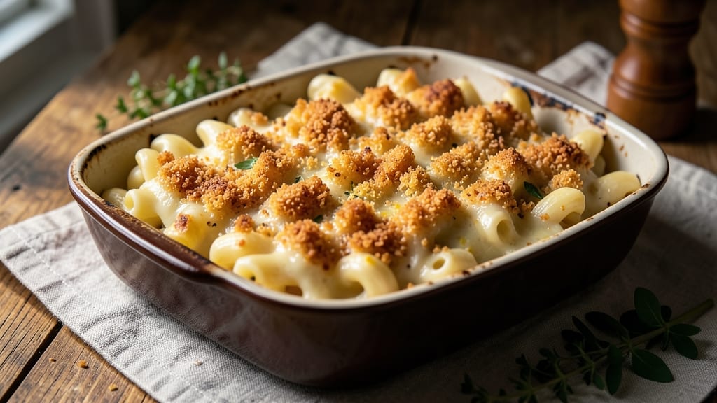 Baked White Cheddar Mac and Cheese Recipe with Bread Crumbs: Crispy-Topped Cheese Pull-Apart Magic