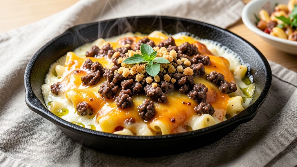 Baked Mac and Cheese With Beef Recipe: Hearty One-Pan Protein-Packed Dinner