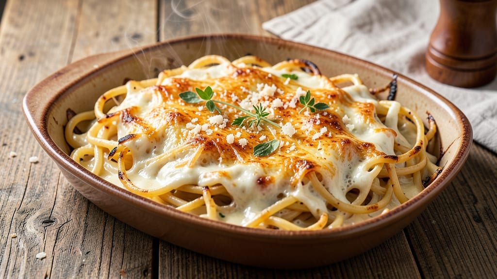 Baked Spaghetti Recipe with Cream Cheese and Sour Cream: Twisted Pasta Crunch With Gooey Cheese Pulls