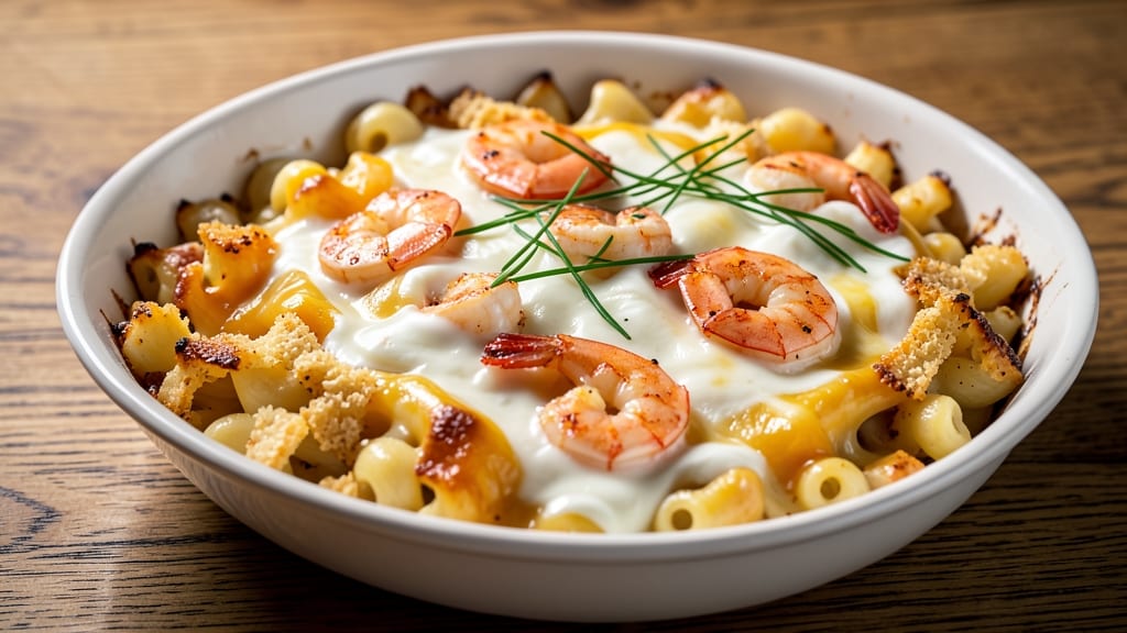 Baked Mac and Cheese With Shrimp Recipe: Crispy Top, Sweet Garlic Shrimp Twist
