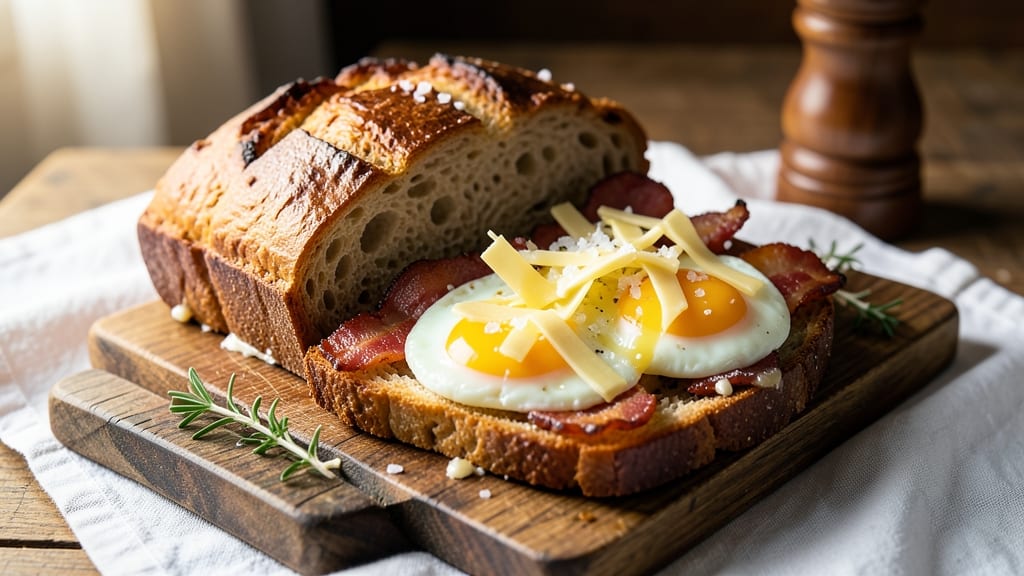Bacon, Egg, and Cheese Sourdough Bread Recipe: Crispy Toasted Crust with Runny Yolk Rivers