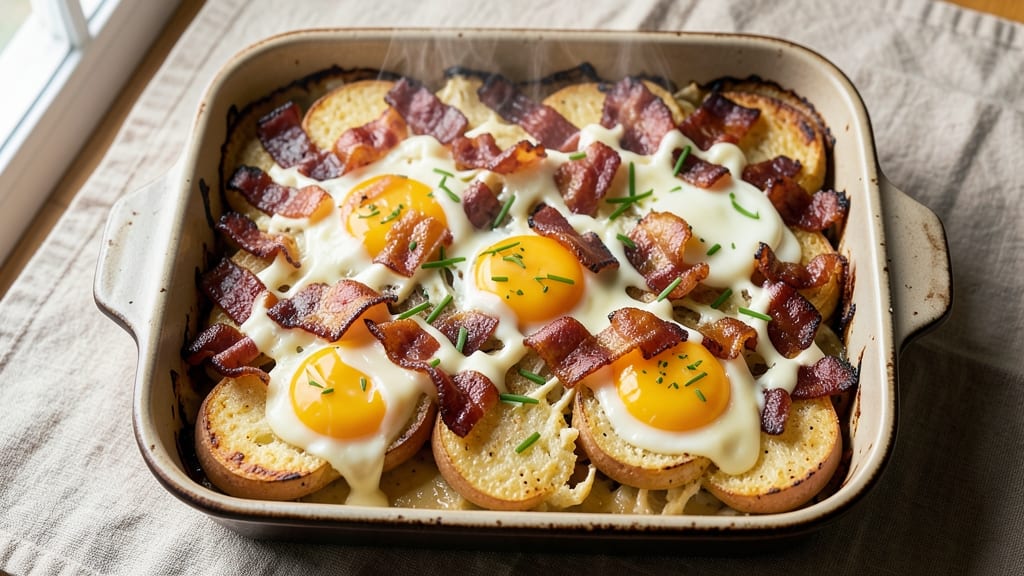 Bacon Egg Cheese Potato Casserole Recipe: Crispy Top and Gooey Yolk Rivers