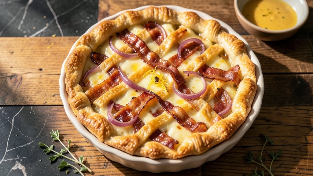 Bacon, Cheese, and Onion Quiche Recipe: Crispy Crust and Smoky Pull-Apart Cheese